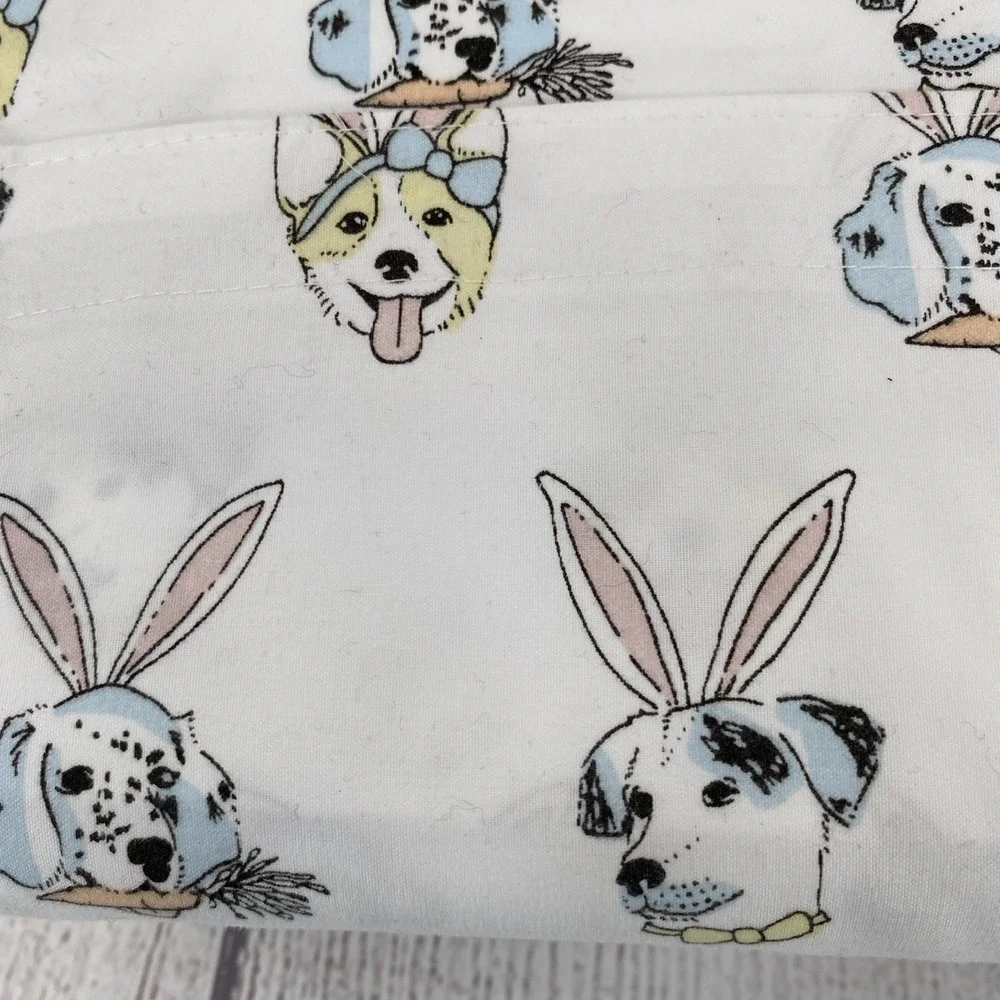 Cynthia Rowley Sheet Set KING Dogs Bunny Ears Easter Spring White Pink Blue